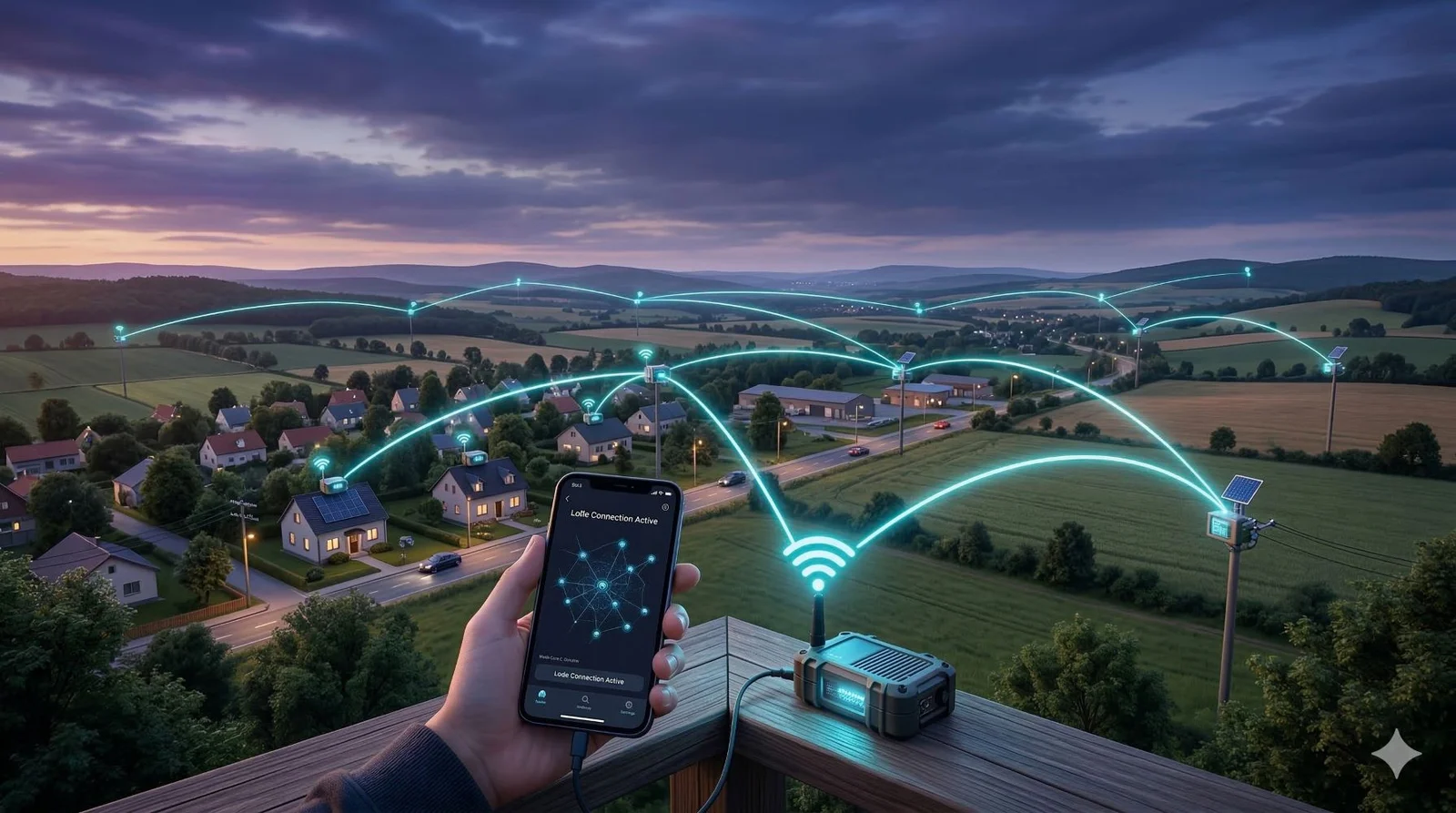 Aerial view of a neighborhood at dusk with glowing lines visualizing a mesh network connecting houses, plus a hand holding a phone showing an active mesh connection