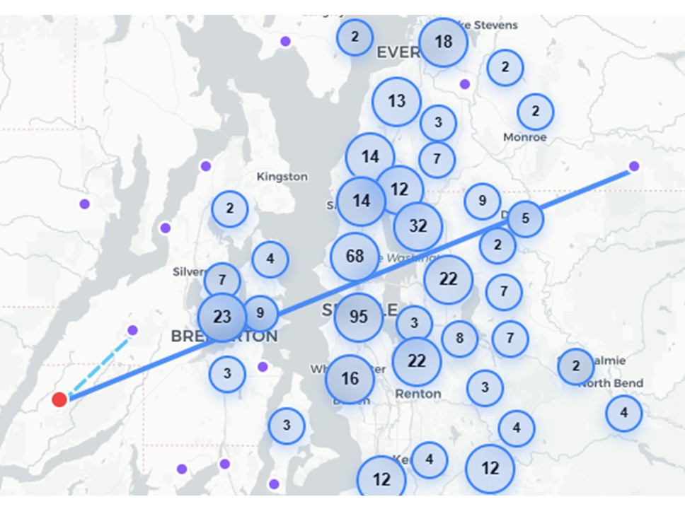 Map of the Puget Sound region showing MeshCore node activity, with circle sizes indicating message volume and lines showing routes between nodes