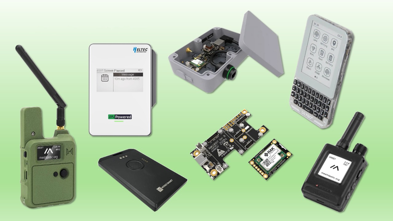 A collage of MeshCore-compatible hardware: a green handheld Meshtastic radio with antenna, a white Heltec-based device showing a paused-screen message, a gray weatherproof enclosure with an internal circuit board, a black ThinkNode-style handheld with a physical keyboard, bare development boards and modules, a black companion radio, and a black handheld Meshtastic device with antenna