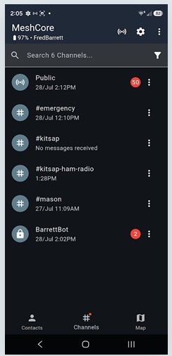 MeshCore Android app showing the channel list: Public, #emergency, #kitsap, #kitsap-ham-radio, #mason, and the direct message BarrettBot