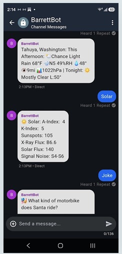 MeshCore direct message conversation with BarrettBot showing a weather report and a solar conditions report (A-Index, K-Index, sunspots, X-Ray flux, solar flux, signal noise)