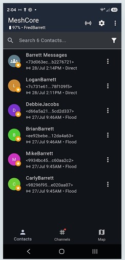 MeshCore contacts list showing Barrett Messages and several individual contacts with their node IDs and last-heard times