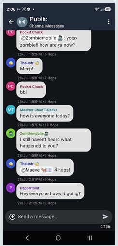 MeshCore Public channel messages from several contacts, each showing hop count