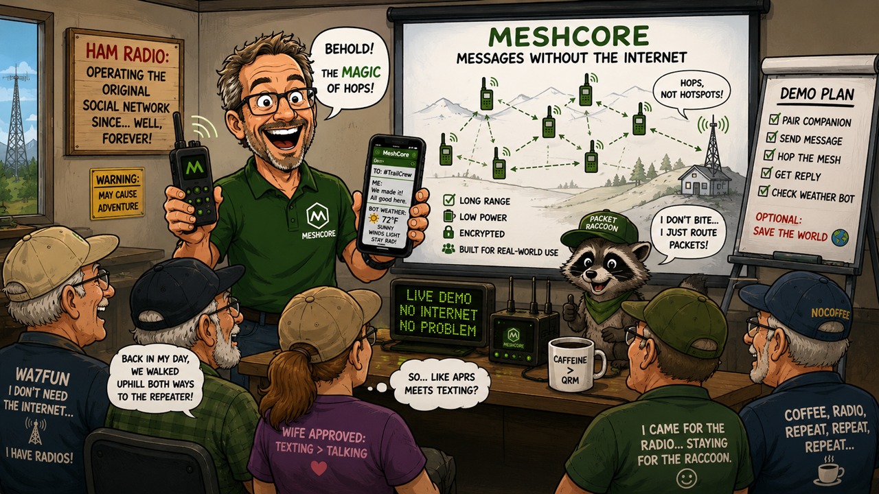 Illustration of a presenter demonstrating MeshCore to a group of ham radio operators, with a slide behind him reading "MeshCore: Messages Without the Internet" showing radios relaying a message across hops, a demo plan checklist (pair companion, send message, hop the mesh, get reply, check weather bot), and a cartoon raccoon mascot labeled Packet Raccoon