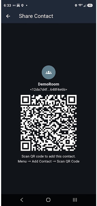 MeshCore Share Contact screen for DemoRoom, showing a QR code and instructions to scan it via Menu, Add Contact, Scan QR Code