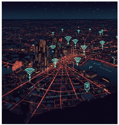 Illustration of a city skyline at night with a glowing mesh network of Wi-Fi-style signal icons connected across rooftops
